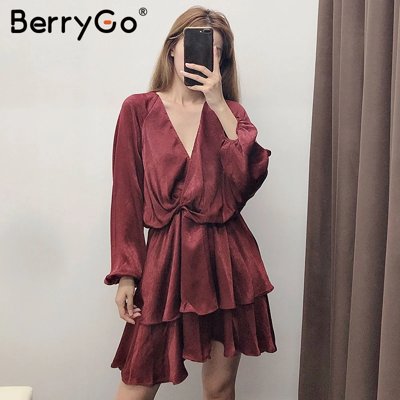 BerryGo уличная Женская одежда с v-образным вырезом, свободное платье с рукавами реглан, элегантное вечернее платье, однотонное ТРАПЕЦИЕВИДНОЕ женское осенне-зимнее платье - Цвет: wine red