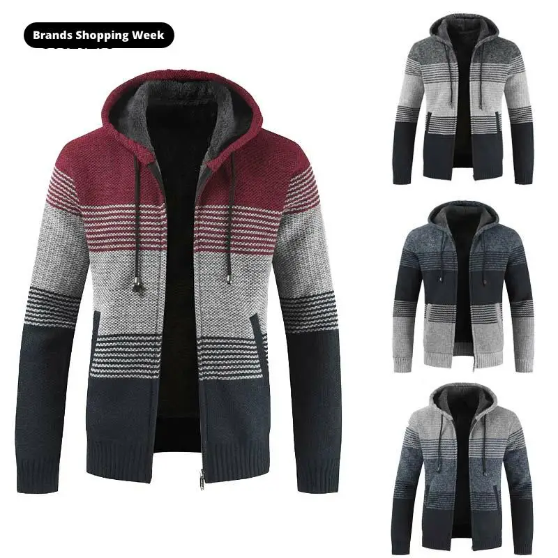FALIZA Men's Sweater Coat 2020 Autumn Winter Thick Warm Hooded Stripe Wool Sweater Cardigan Jumpers Zipper Fleece Coat Men XY103 FALIZA Men's Sweater Coat 2020 Autumn Winter Thick Warm Hooded Stripe Wool Sweater Cardigan Jumpers Zipper Fleece Coat Men XY103