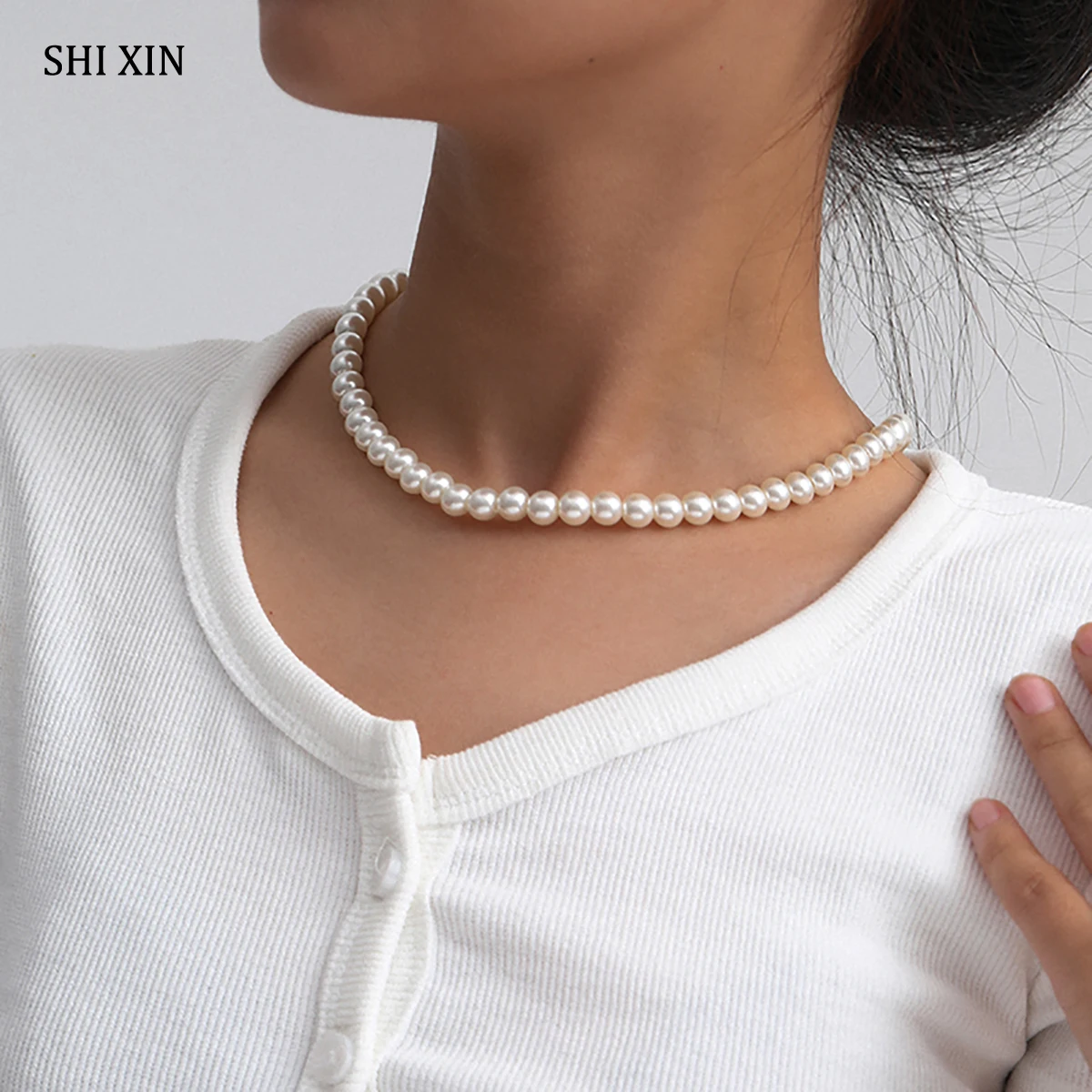 Short Choker Necklaces Fashion Jewelry White-Pearls-Beads SHIXIN Imitation Korean Women