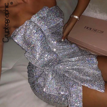 

Cryptographic Strapless Sexy Party Sequin Dress Women Ruffles Slim Bodycon Mini Dress Sleeveless Elegant Evening Cub Dress
