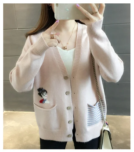 Новинка, Осенний женский тонкий свитер ярких цветов, 6 цветов, студенческий свободный свитер, вязаный кардиган, пальто, Женский размер - Цвет: light pink