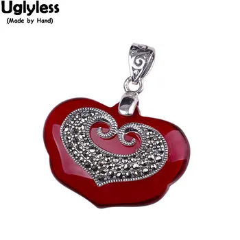 

Uglyless Ethnic Abstract Heart Pendants for Women 925 Silver Vintage Marcasite Necklaces NO Chains Thai Silver Garnet Jewel P831
