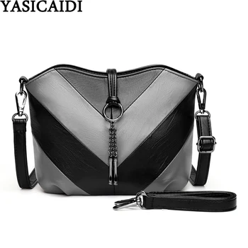 

YASICAIDI Patchwork Leather Ladies Hand Bags Two Detachable Shoulder Strap Female Messenger Bag Tassel Crossbody Bags For Women