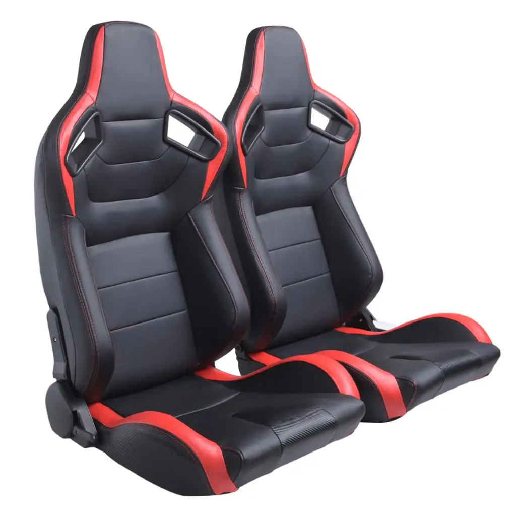 Epman 2 x Reclinable Black +Red Stitching PVC Leather Racing Bucket Seats Fit For Mostly Car Seat Left/Right JBR1054B