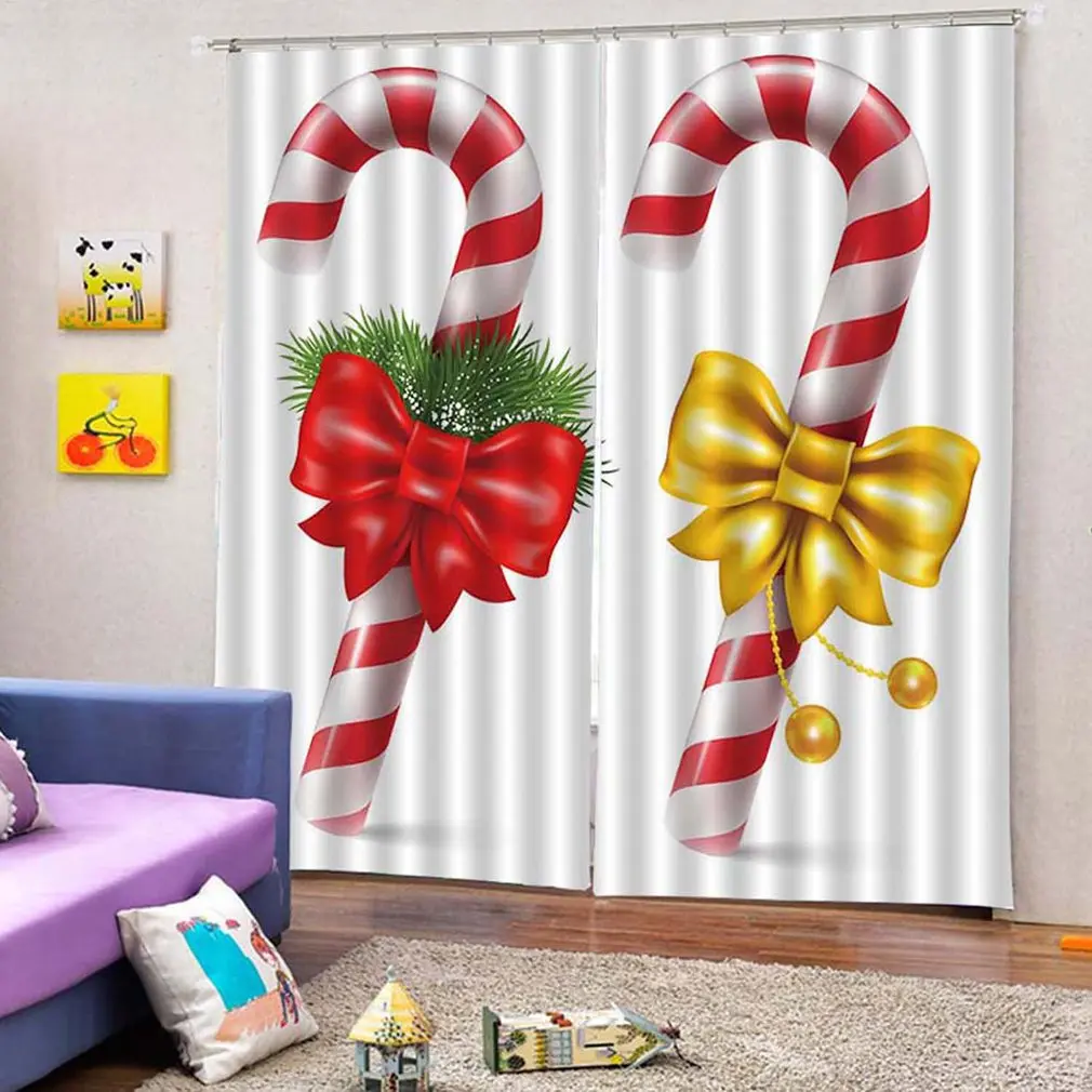 Christmas Candy Cane Christmas Decoration Full Blackout Hook Curtain Print Curtain Bedroom Living Room Decorative Curtain