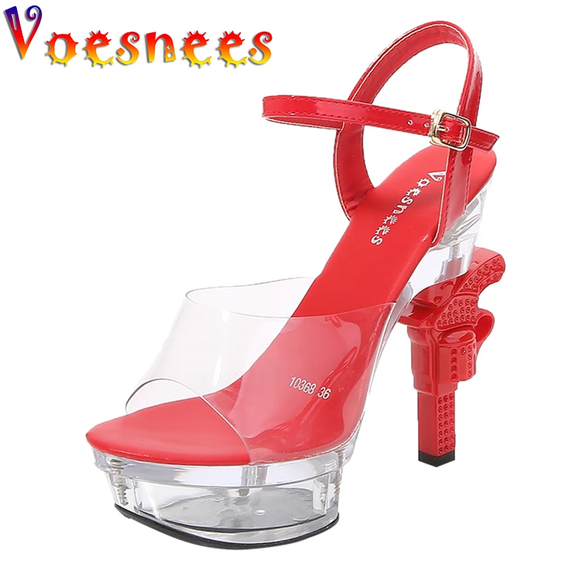 

Large Size Sandals Clear Heels Size 43 Light-emitting Platform Buckle Women's Shoes Super High Heels Pistol heel Striper Shoes