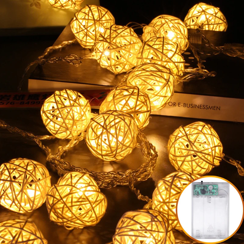 20/40 Rattan Ball Light LED String Christmas Garland Wedding Room Fairy Lights Decoration For Holiday Party Lighting Chain