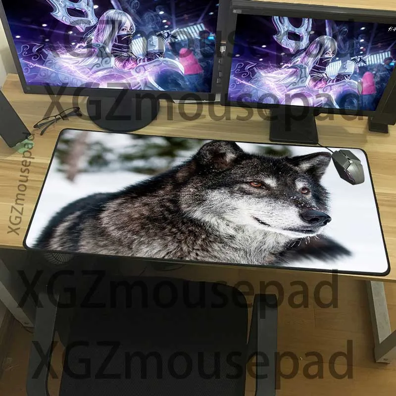 XGZ Large Mouse Pad Black Lock Edge Animal Wolf Pattern Custom Home Computer Table Mat Speed Rubber