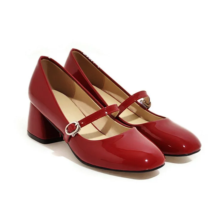 wine red Женские туфли Mary Jane из лакированной кожи; пикантные женские модельные туфли-лодочки на квадратном каблуке с ремешком и пряжкой; модные свадебные туфли - Цвет: wine red
