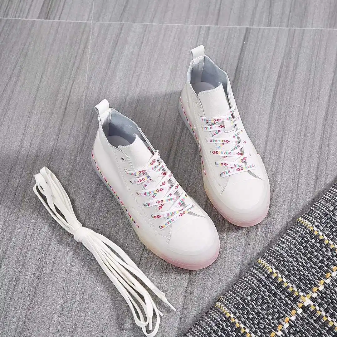 

2019 Autumn New Style Mid-top Flat Lace-up Jelly End of Rainbow WOMEN'S Canvas Shoes