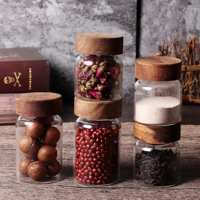 Glass Storage Jar with Wood Screw Lid Small Glass Bottle Food Jar Can  Cereal Canister Kitchen Storage Jars Container Organizer