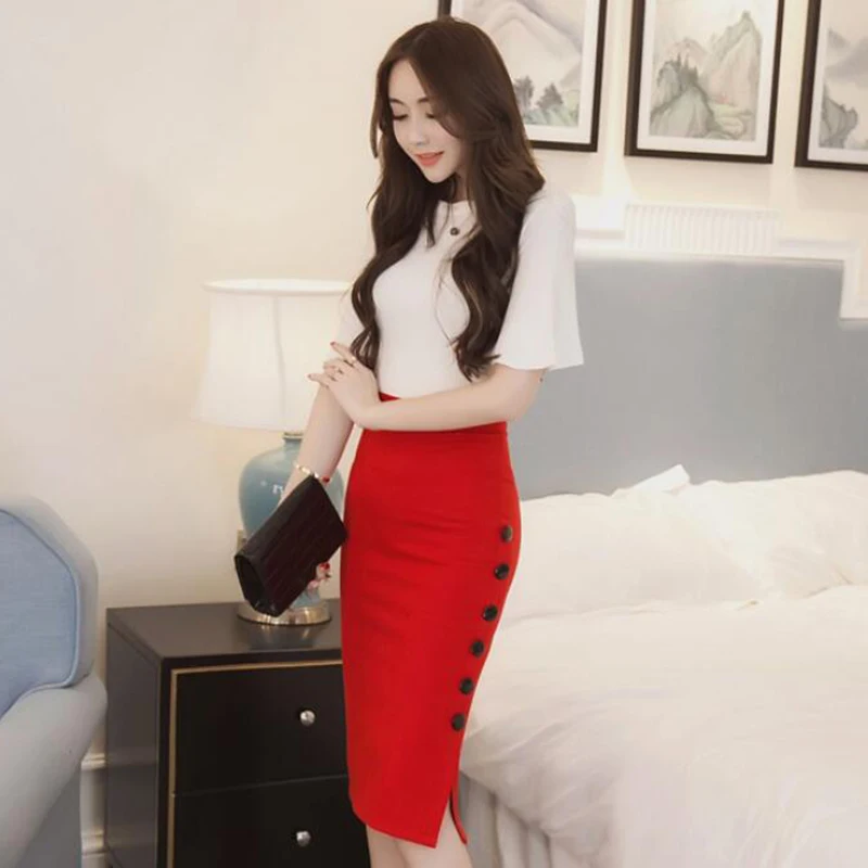 New Fashion Women Skirt Midi Skirt Slim OL Sexy Open Slit Button Slim Pencil Skirt Elegant Ladies Skirts 2 Colors