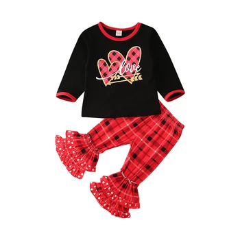 激安 2020バレンタインデーの幼児子供ハートプリント長袖フリルチェック柄ロングパンツ服