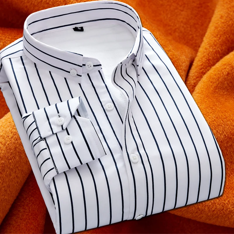 Plus Large Size 5XL Mens Business Casual Add wool warm Long Sleeved Shirt Classic Striped Male Social Dress Shirts white Black - Цвет: Белый