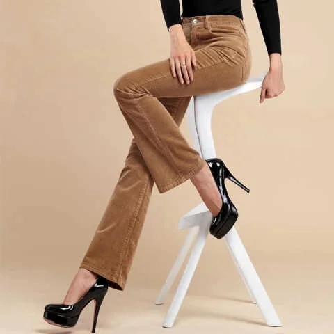 Vangull женские вельветовые брюки с высокой талией, однотонные расклешенные брюки, Осенние новые большие размеры, Женские повседневные свободные брюки на молнии, длинные брюки - Цвет: Khaki Flare Pants