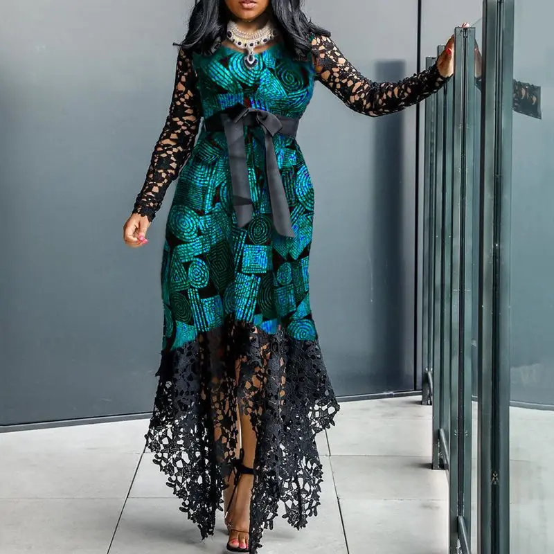 Африканская мода размера плюс 3XL кружевное асимметричное платье осень длинный рукав туника бант облегающее женское сексуальное длинное Вечерние Платье Макси