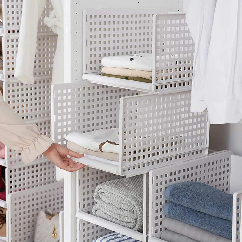 Storage Stacking Basket Clothes Organization, Plastic Storage Rack Stand Stackable Basket Storage Shelf for Wardrobe Clothing