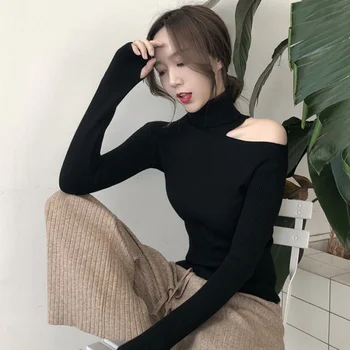 

female girls lady 2019 autumn winter new strapless high neck sweater long-sleeved slim sweater women's clothing