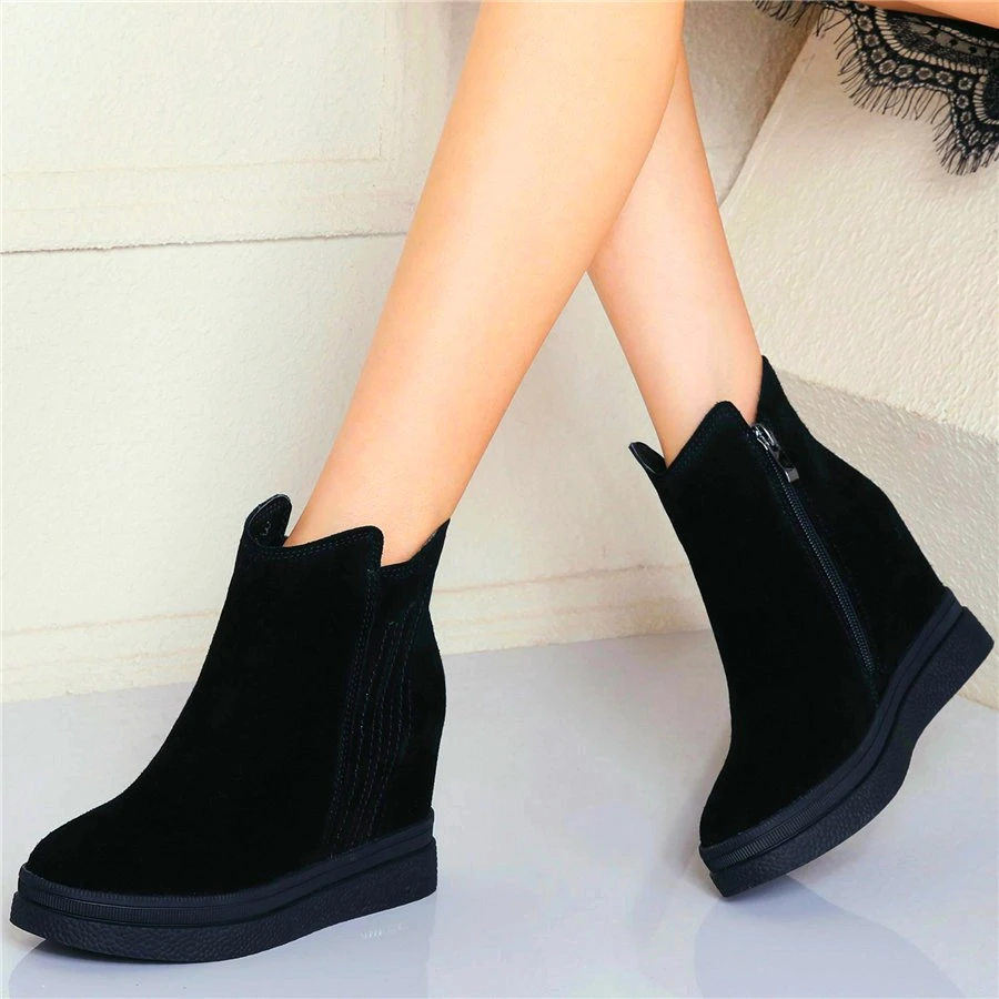 Botas con cuña oculta para mujer, botines de punta redonda con plataforma y tacón alto, de ante de vaca, temporada Invierno|Botas el tobillo| - AliExpress