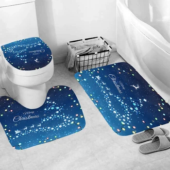 

4PCS Modern Christmas Pattern Shower Curtain Set Mat Toilet Cover Shower Curtain Bath Seat Covers For Bathroom Decor LAD