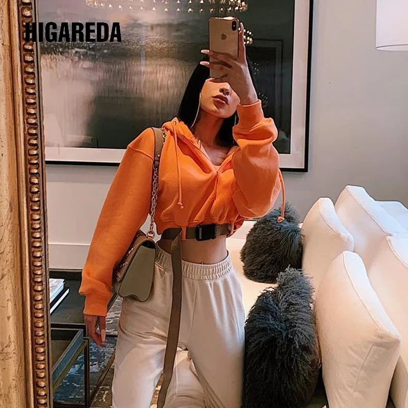 

2019 long sleeve hooded buckle-wrapped sweatshirts autumn winter women streewear sexy crop tops outfits
