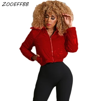 

ZKYZWX Black Red Winter Crop Jacket Women Bubble Coat Plus Size Puffer Overcoat Windbreaker Thick Warm Padded Jacket Parka