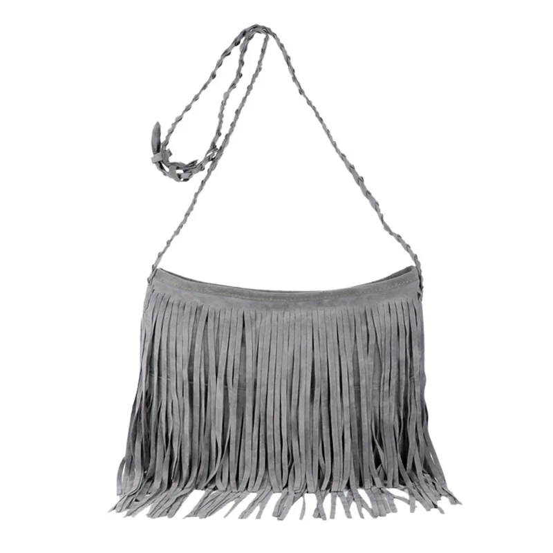 HEFLASHOR Womens Tassle Fringe Faux Suede Shoulder Messenger Crossbody Bag Handbag Purse Black Brown White - Цвет: Gray