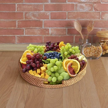 

Handmade Fruit Drink Basket Rattan Weaving Bread Storage Tray Kitchen Food Picnic Container Round Snack Storage Basket Decor