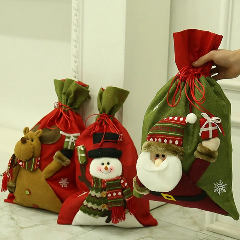 1 Pcs Drawstring Christmas Gift Bag Large Candy Bag Cartoon Old Man Deer Apple Bag For Christmas Decorations Party Supplies