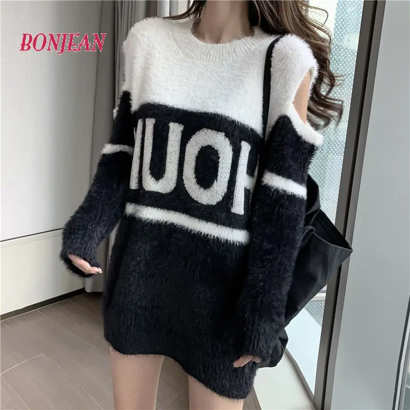 

2020 Autumn off-Shoulder Mink Velvet Oversized Korean Sweater Dress Women Loose Ladies High Street Knitting Jumper Plus Size