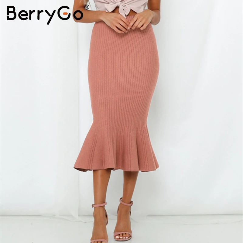 BerryGo, трикотажная облегающая юбка миди, женская элегантная Офисная Женская одежда для работы, юбка с оборками, Русалка, Женская Осенняя зимняя длинная юбка
