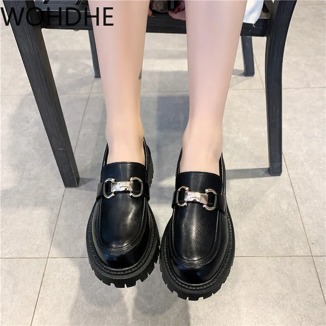 2021 Shoes Women PU Leather Platform Shoes Casual Buckle Shoes Ladies Thick Sole Slip on Flats Creepers Oxford Leather Shoes 3