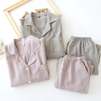 

Lovers Japanese Style Cotton Sleepwear Men's&Women's Long Sleeve Pajama Suit Spring&Autumn Home Clothing With Embridery Letter