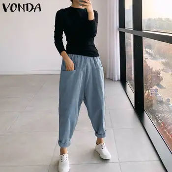 

VONDA 2020 Women Elastic High Waist Pants Casual Solid Drop Crotch Harem Pants Plus Size Fashion Long Trousers Pantalon Femme