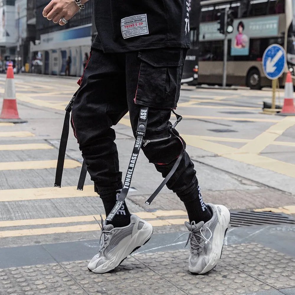 Men Cargo Pants Black Ribbons Block Multi-Pocket Harem Joggers Harajuku Sweatpant Hip Hop Casual Harem Tide Male Trousers cargo jeans