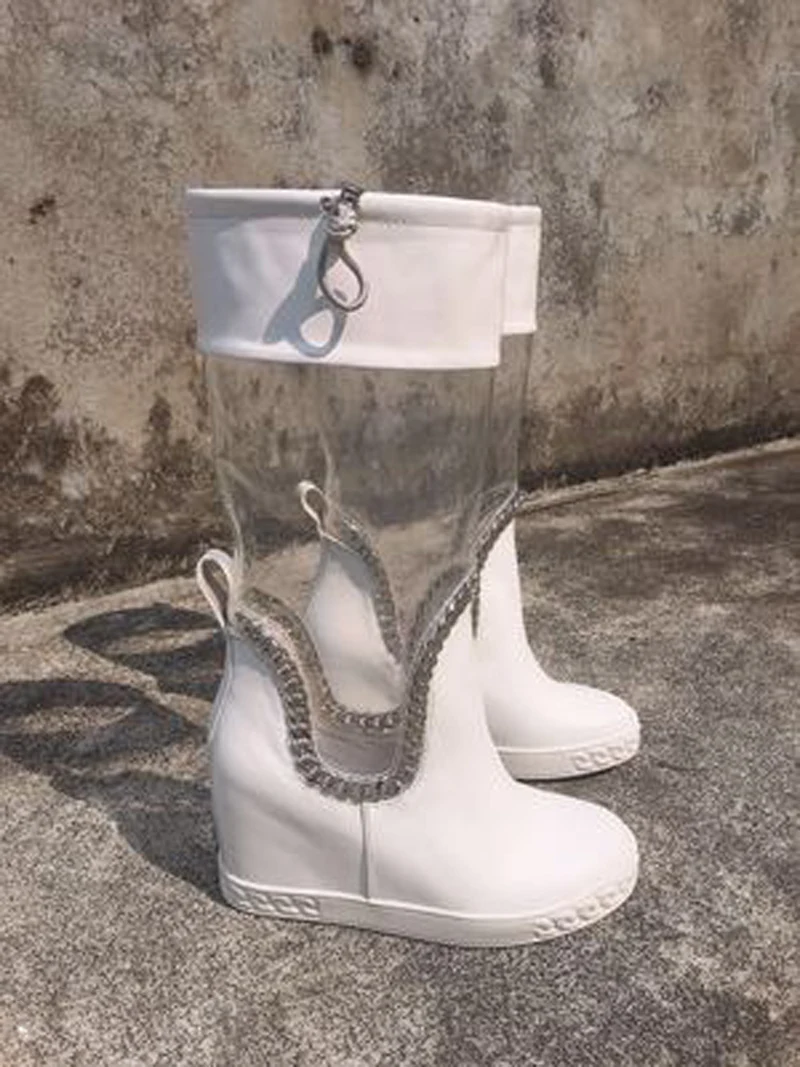

Fashion Women Half Transparent Metal Chains Mid-calf Boots Woman Cow Leather PVC Patchwork Height Increasing Riding Bottines
