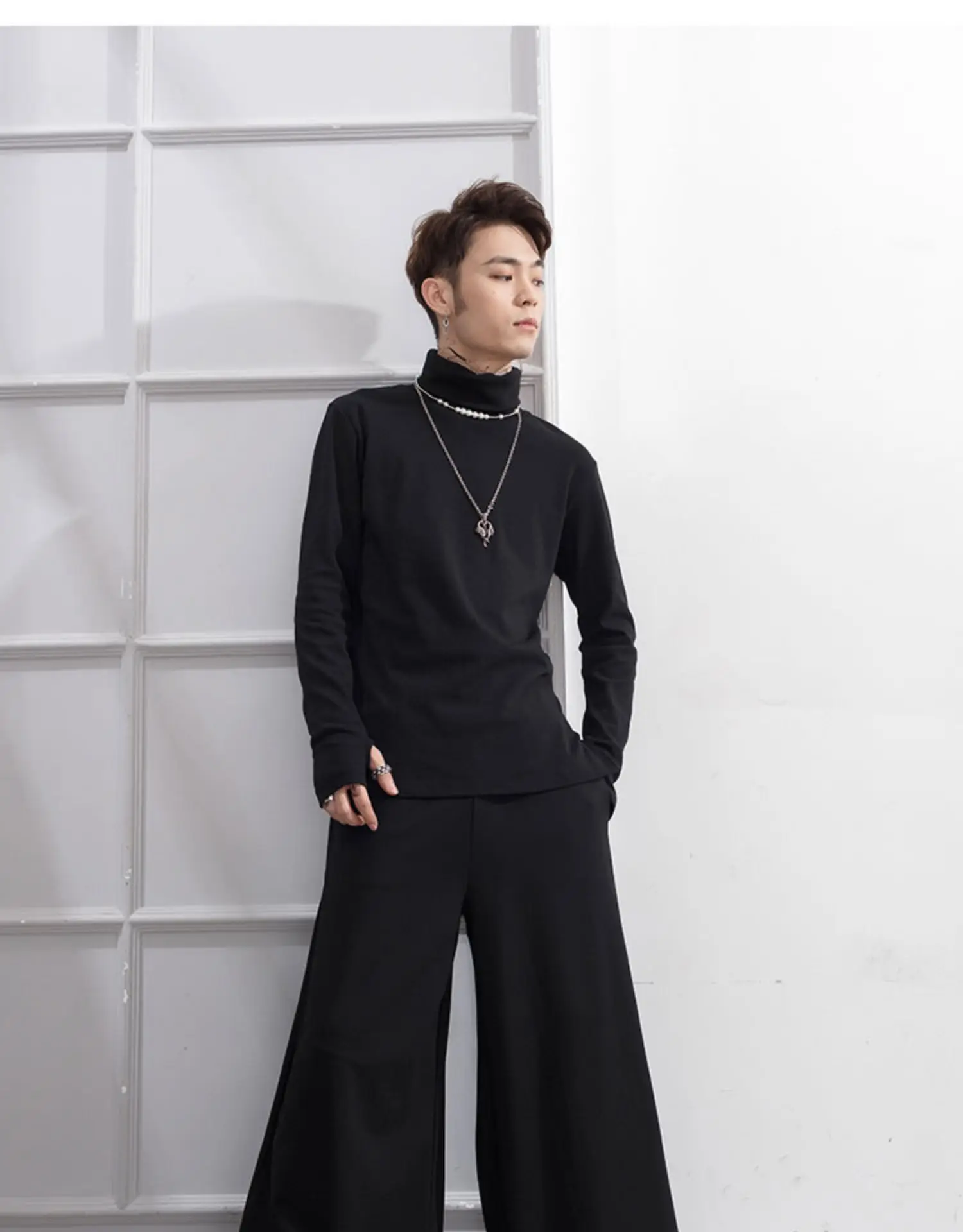 Loose solid color flared straight tube casual pants dance men's Wide Leg Pants Capris elastic waist performance stage night club