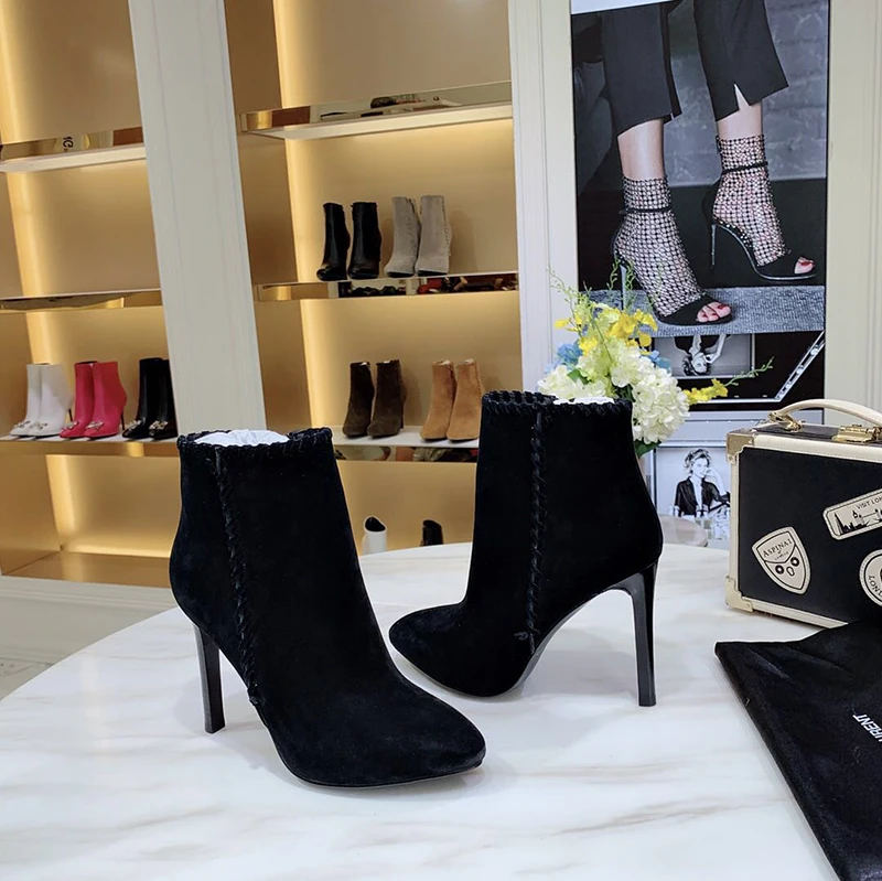 

2020 Spring New Black Pointed Short Hand Woven Martin Boots Side Zipper Suede Short Boots Women's High Heel Boots Ankle Boot
