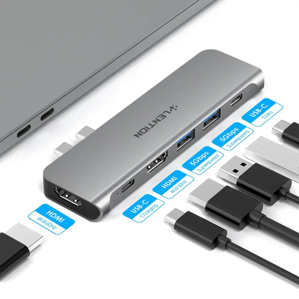 Портативный концентратор LENTION USB C с мощностью 60 Вт два разъема HDMI 4K для
