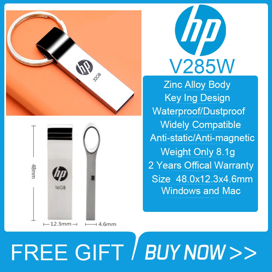 Original HP USB Flash Drive 64GB 32GB V285W Metal Pendrive On Key Chain 16GB 8GB Memory U Stick for Laptop PC