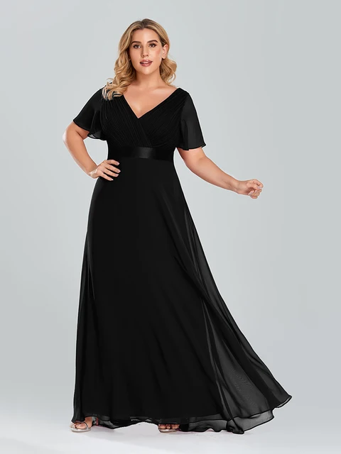 Plus Size Evening Dresses Long XUCTHHC Elegant A Line V Neck Ruffles Chiffon Formal Wedding Party Dress Robe De Soiree 2021 Black