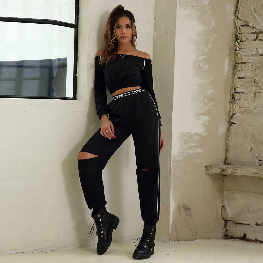 Women Soild Sports T-Shirt Long Sleeve Tops Blouse Pants 2PCS Set