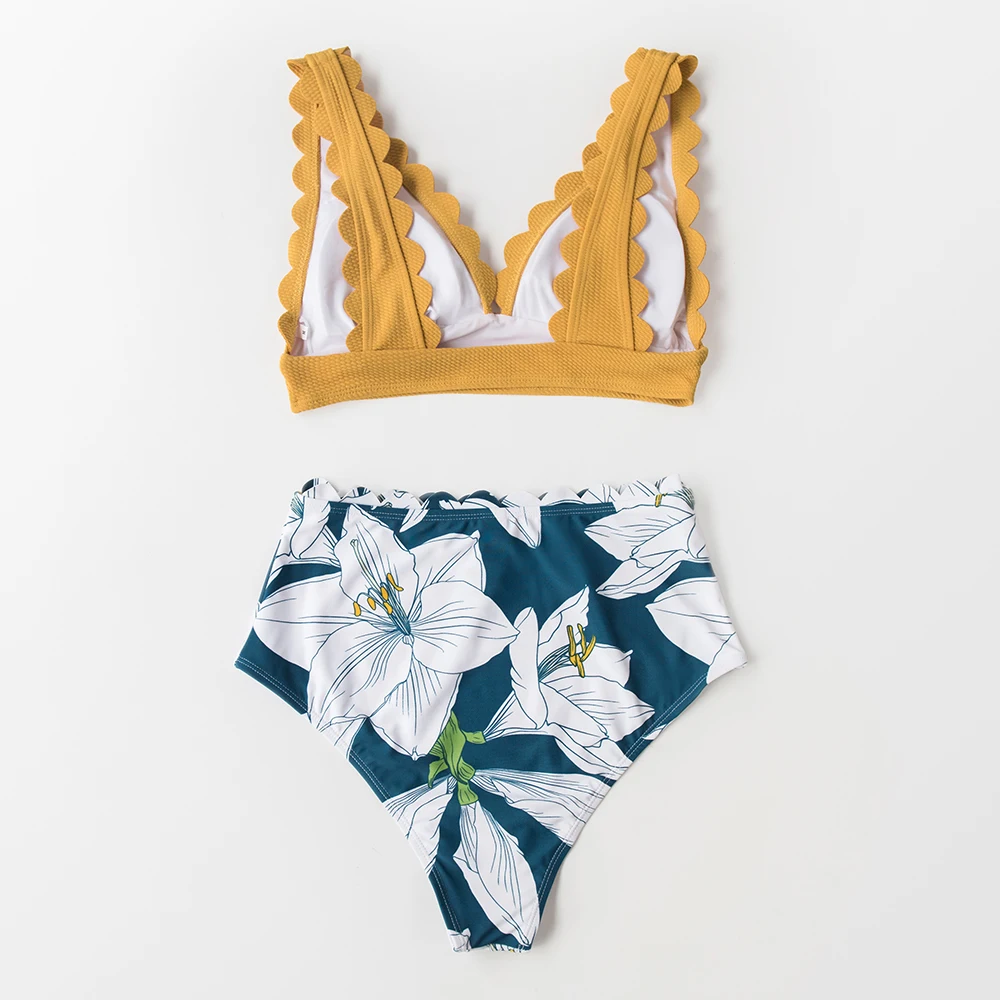 SEASELFIE V-Neck Scalloped High-Waist Bikini Sets Women Sexy Yellow Floral Bikini Two Pieces Swimsuits 2020 Beach Swimming Suit