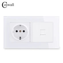 COSWALL 16A Россия Испания ЕС стандартный разъем с заземлением+ 1 банда RJ45 CAT5E интернет компьютер данных разъем закаленное стекло панель