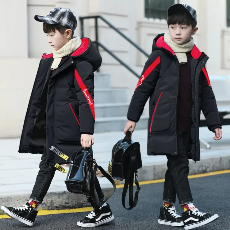 Зимняя куртка для мальчиков коллекция года, зимняя парка для мальчиков хлопковое Пальто Длинные теплые детские куртки с капюшоном одежда для детей возрастом от 4 до 14 лет - Цвет: Black