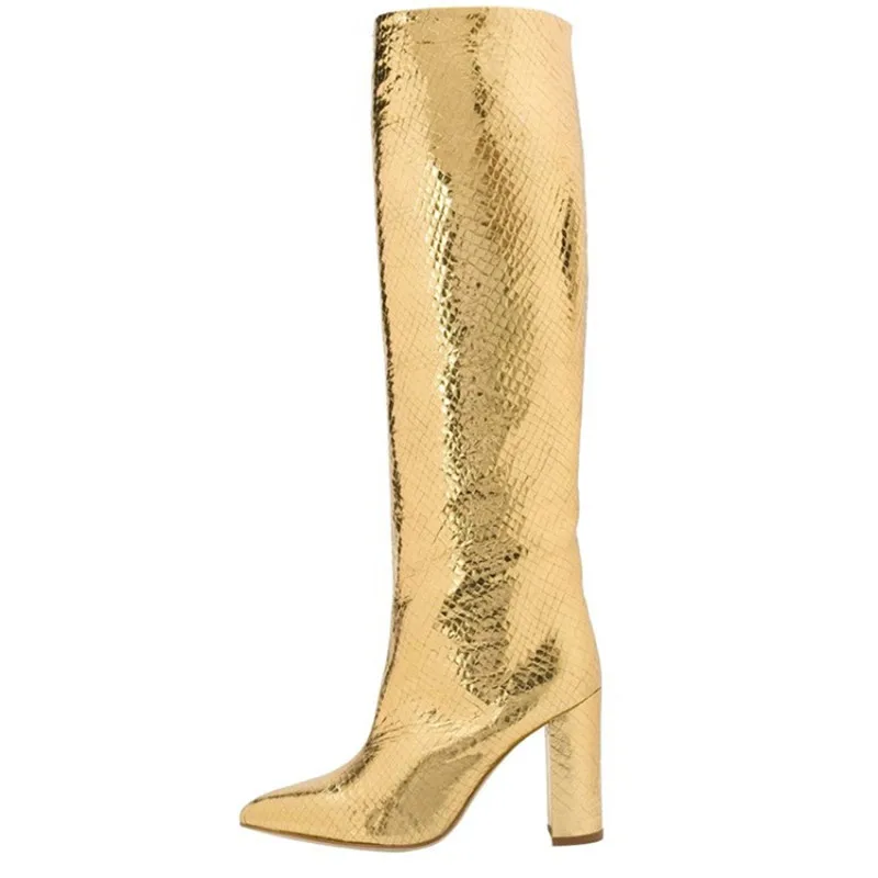 Fashion Serpentine Pattern Boots Woman Multy Colors High Square Heel T-show Shoes Point Toe Chic Slim Knee-high Boots Woman - Цвет: Gold