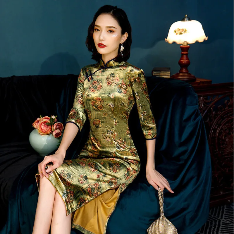 Sheng Coco традиционные китайские платья для женщин Золото Велюр cheongsam платье Улучшение осень Qipao 3xl 4xl 5xl