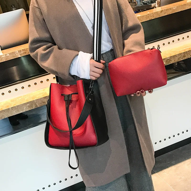 

Bucket Bag Women's 2019 New Style Fashion Korean-style Contrast Color Embossed Leather Soft Leather Different Size Bags Wide-Str
