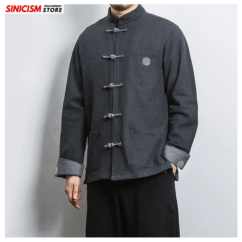 Sinicism Store мужская синяя джинсовая куртка с вышивкой, мужская верхняя одежда с пряжкой в китайском стиле, мужские весенние винтажные модные джинсовые пальто 5XL