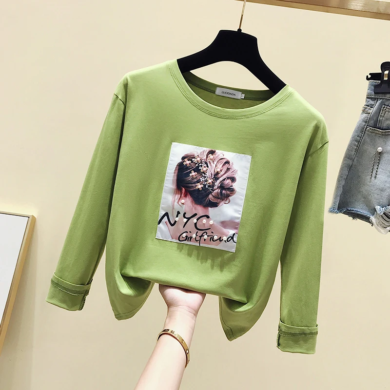 gkfnmt Korea Style Fashion T-shirt Women Tops Cotton Long Sleeve Appliques Bead White Tshirt Autumn Winter Top Tee Shirt Femme